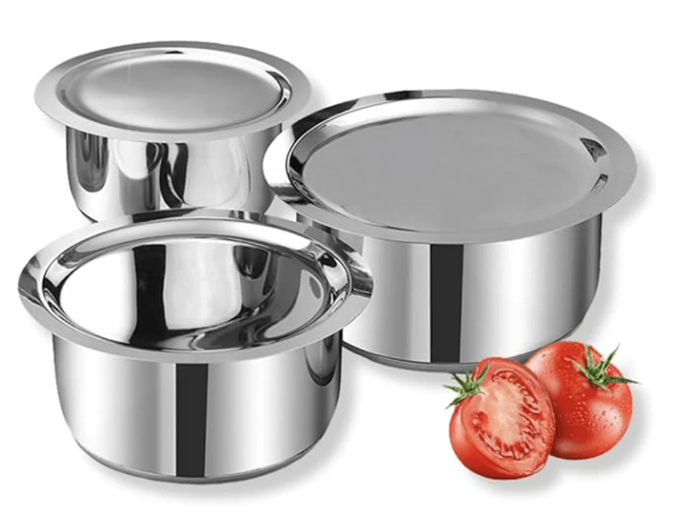 Vinod Stainless Steel Cookware Combo Tope Set of 3 with Lid / 1.4, 1.8 and 2.2 litre Sandwich Bottom Patila/Bhagona for Cooking Milk, Rice